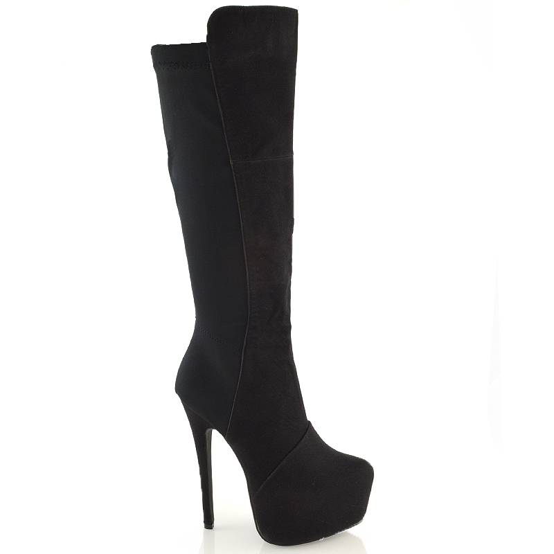Ladies Knee High Heel Platform Boots Womens Stiletto Stretch Elasticated Shoes Ebay 8283